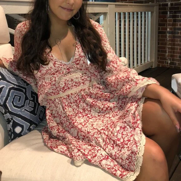 Free People Kristall Berry Red Floral Print Bell Sleeve Mini Dress - Picture 3 of 4